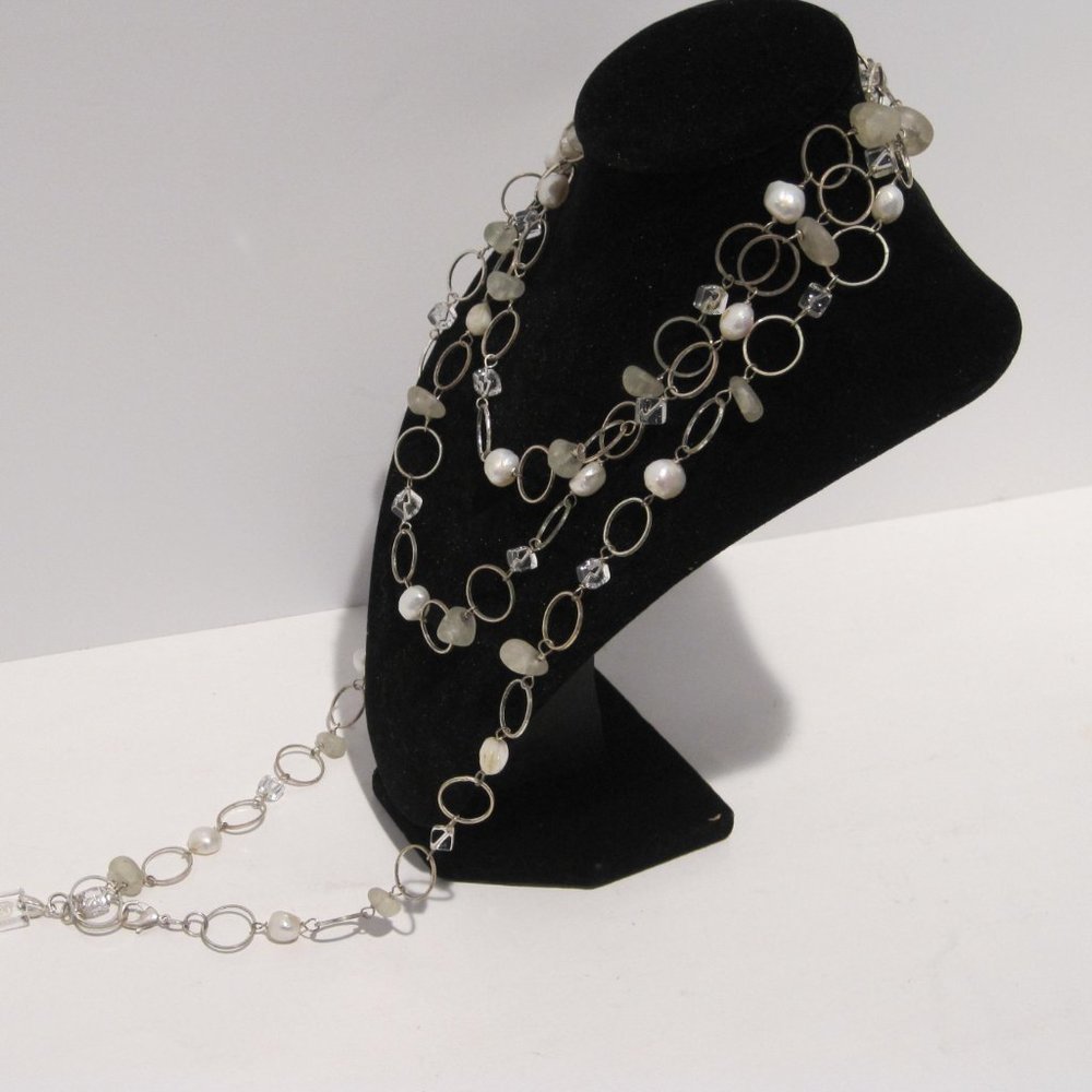 ASKA Long Chain Layered Necklace Silver Toned White Beads Clear Square Pendant